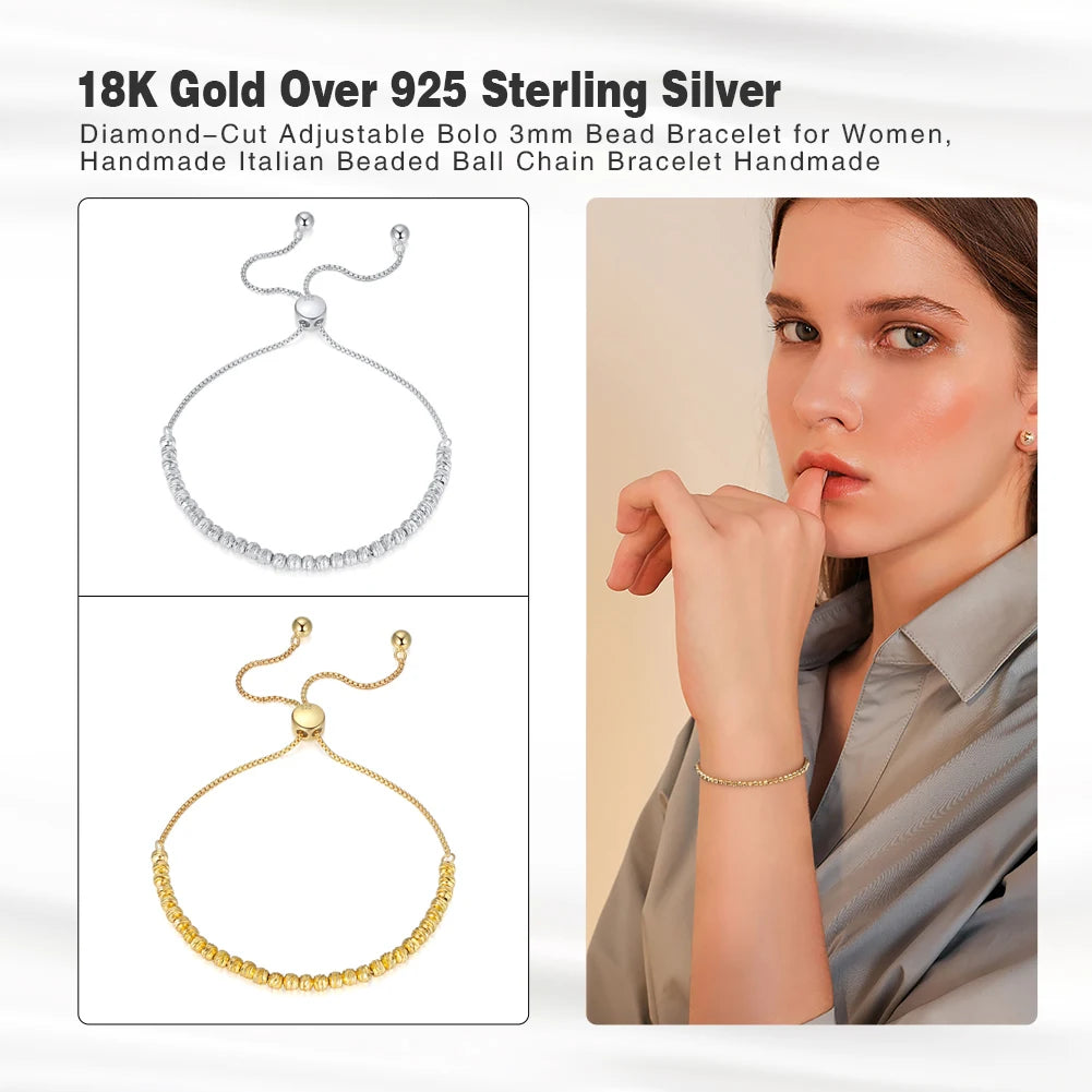 ORSA JEWELS 925 Sterling Silver 18K Gold Over 3mm Bolo Bead Bracelet for Women Adjustable Italian Fashion Bracelet Jewelry SB125