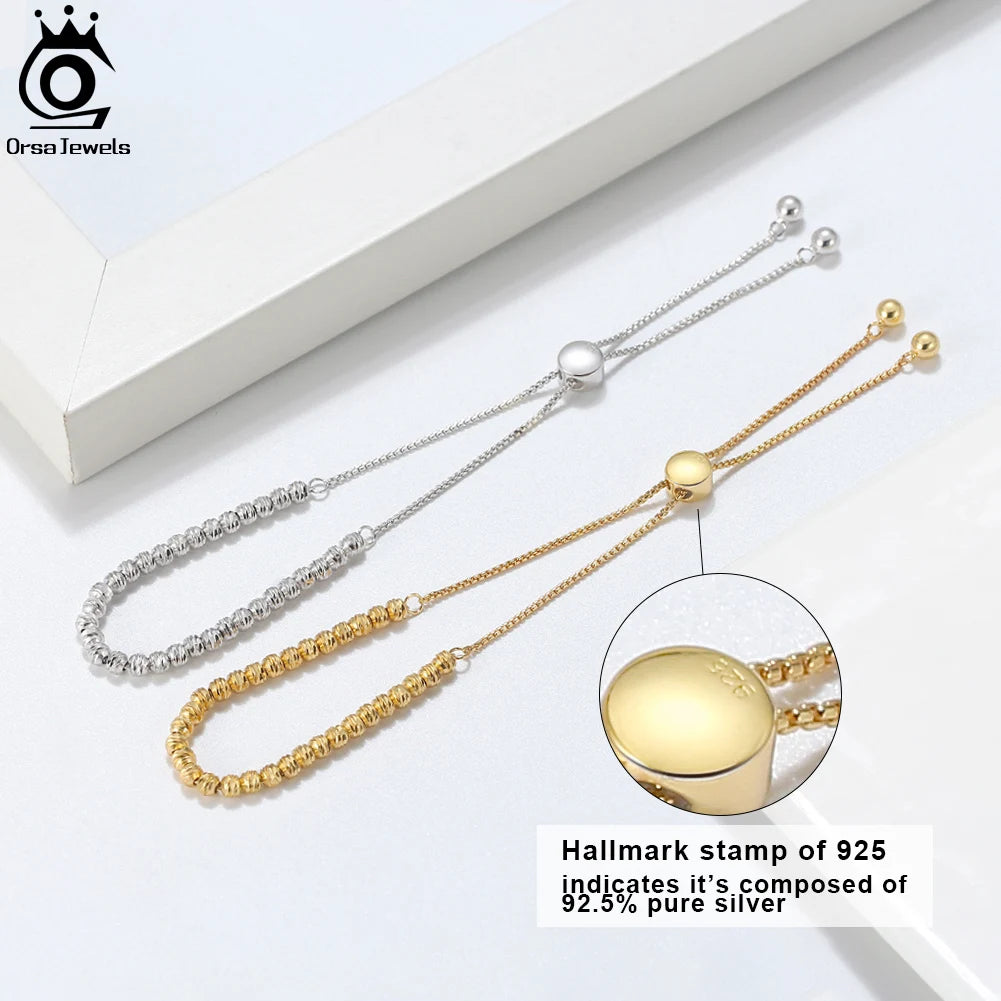 ORSA JEWELS 925 Sterling Silver 18K Gold Over 3mm Bolo Bead Bracelet for Women Adjustable Italian Fashion Bracelet Jewelry SB125