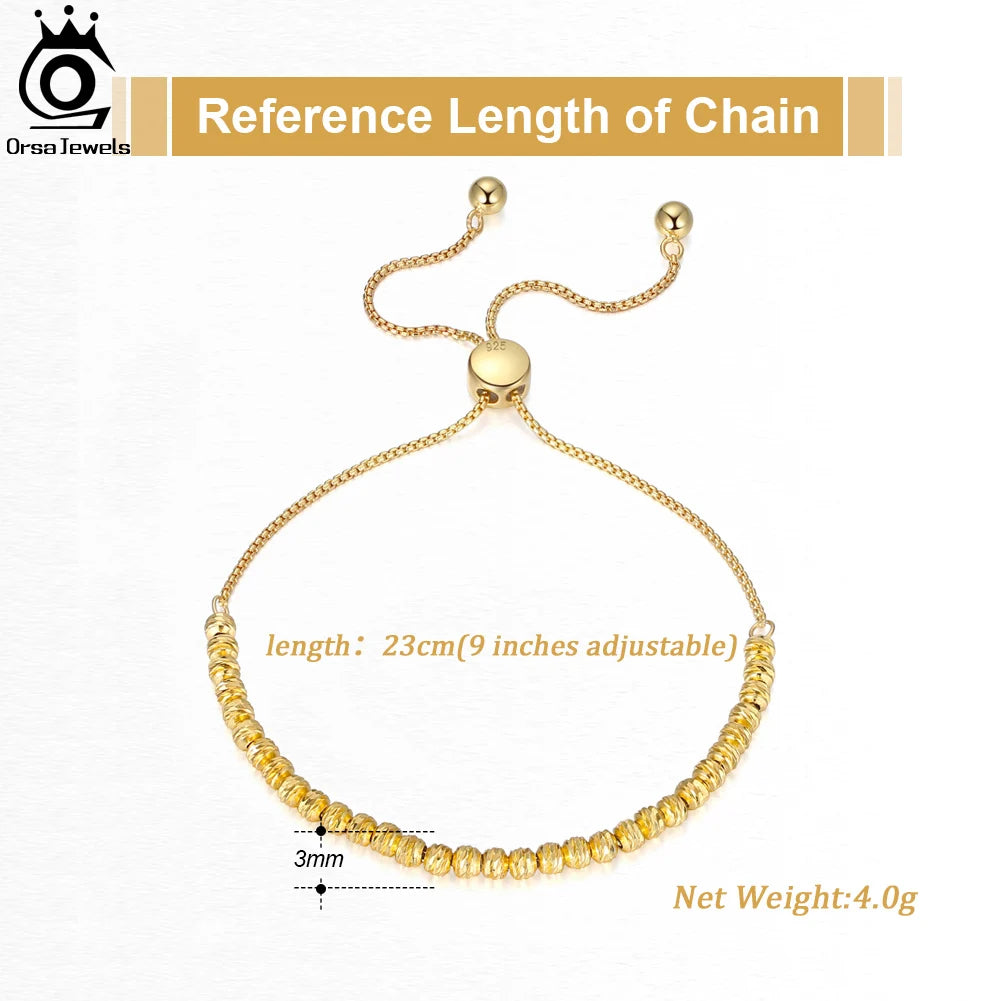 ORSA JEWELS 925 Sterling Silver 18K Gold Over 3mm Bolo Bead Bracelet for Women Adjustable Italian Fashion Bracelet Jewelry SB125