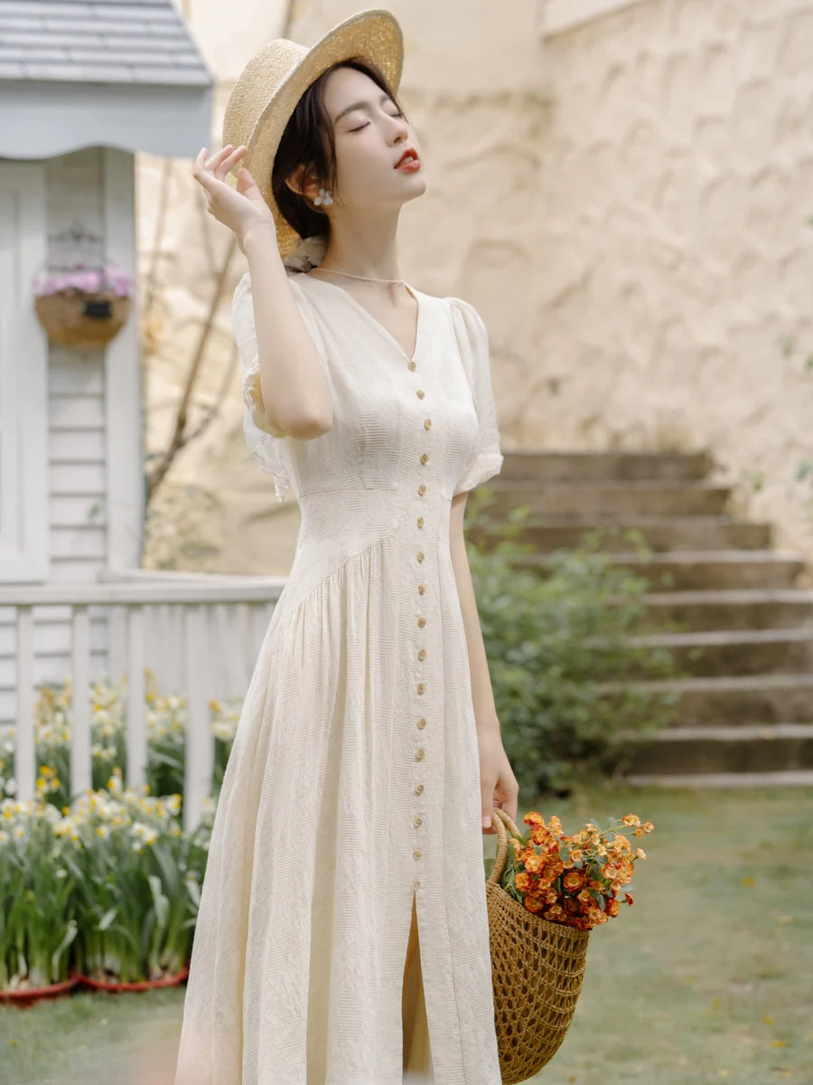 Summer 2026 New Gentle Style Yellow Cotton Blend Bubble Sleeve Dress High Waist A-Line Skirt V-Neck Single Button Closure Dress
