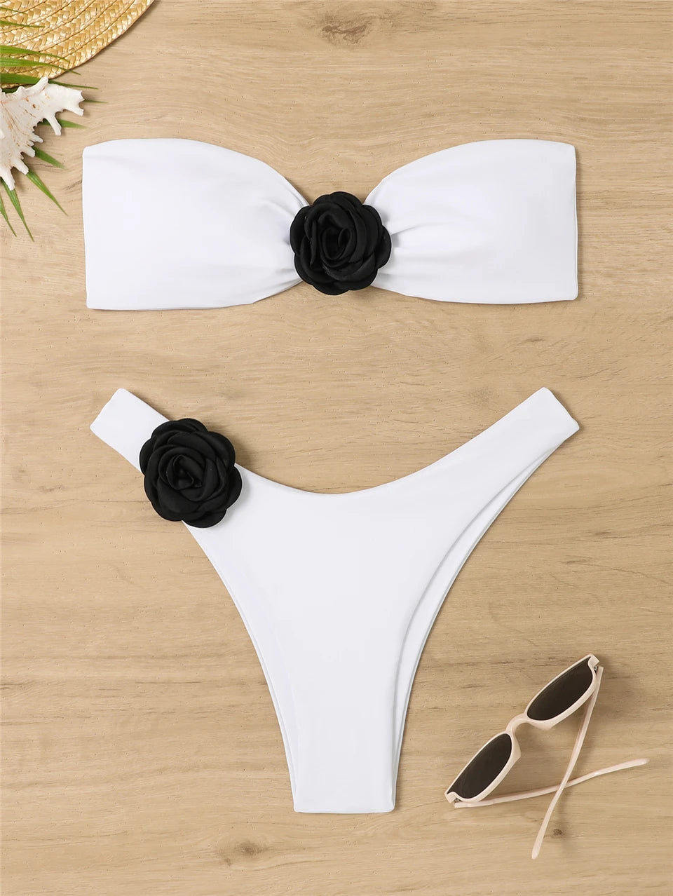Bandeau Bikini Front 3D Flower Flower Decoration Swimwear Women High Waist Solid Swimsuit Elegant Beachwear Bathing Suit Summer