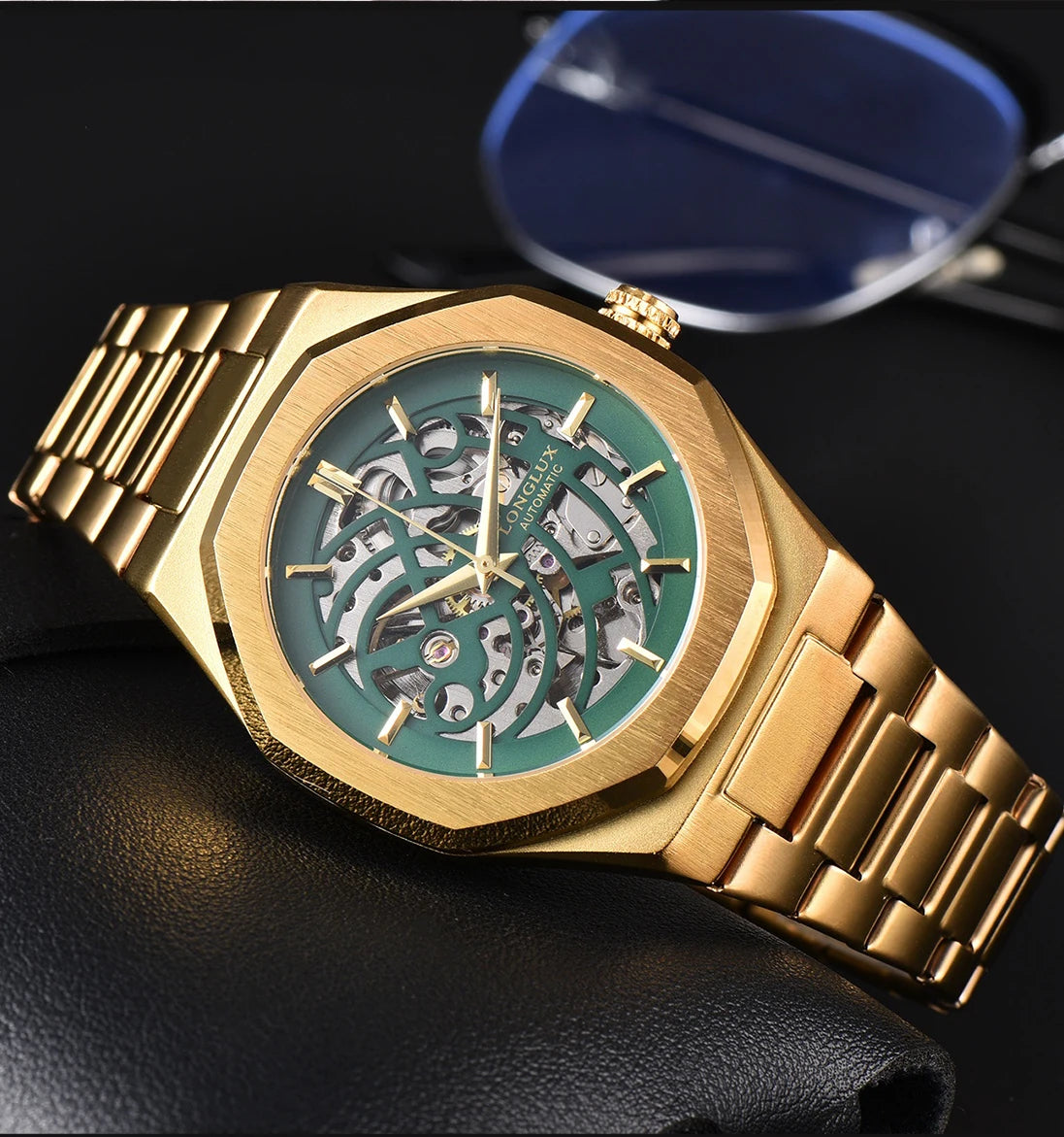 LONGLUX automatic watch business mechanical watches skeleton waterproof luminous stainless steel mens watch office worker gift