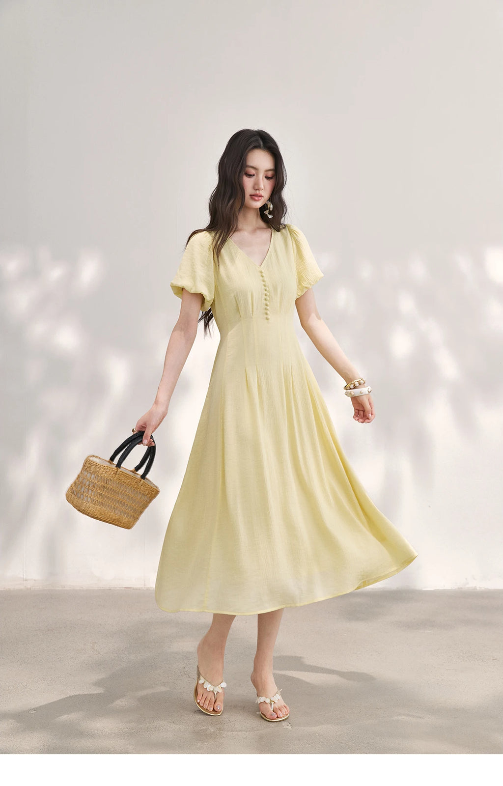 MISHOW Women's French V Neck Puff Sleeve Midi Dress 2026 Summer Button Detail Waist Slim Yellow Elegant Long Dress MXF29L2782