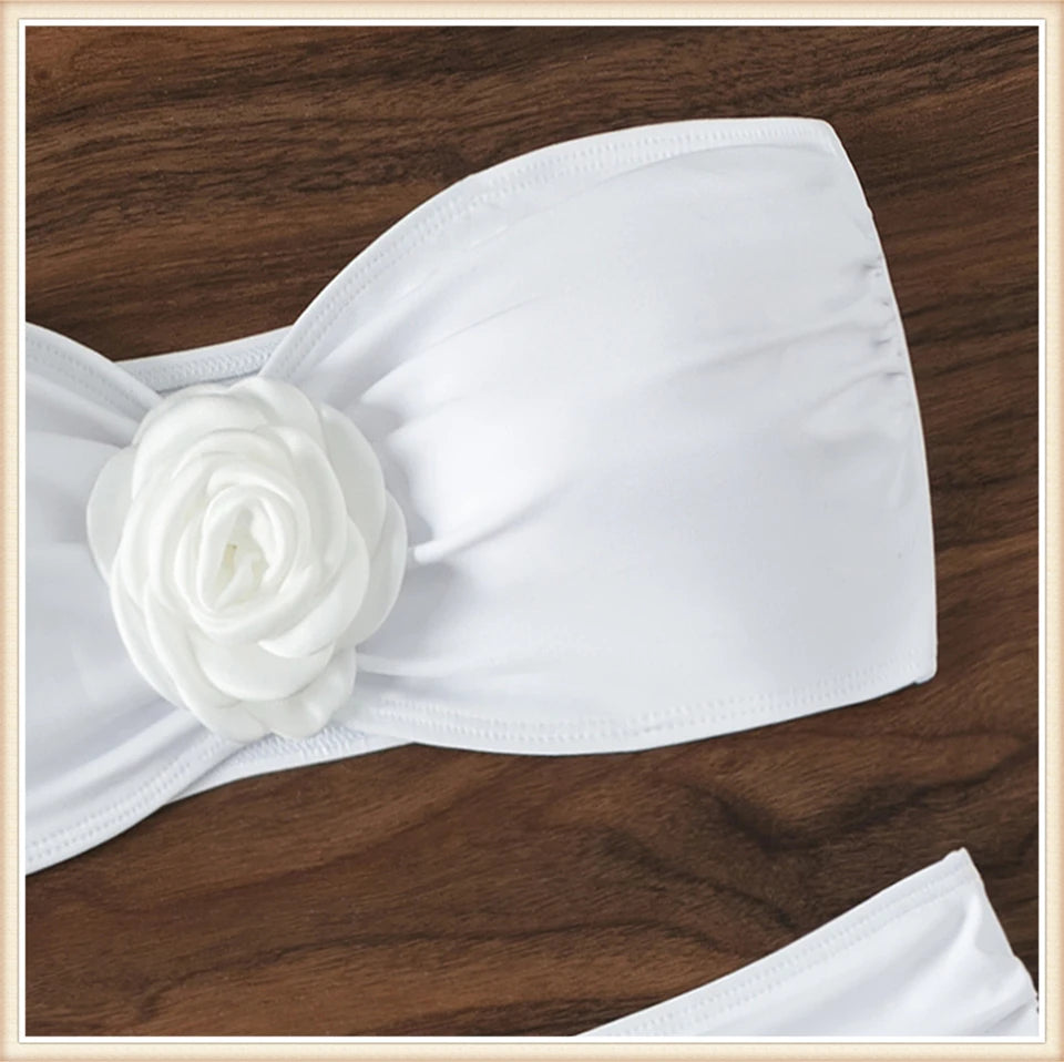 Bandeau Bikini Front 3D Flower Flower Decoration Swimwear Women High Waist Solid Swimsuit Elegant Beachwear Bathing Suit Summer