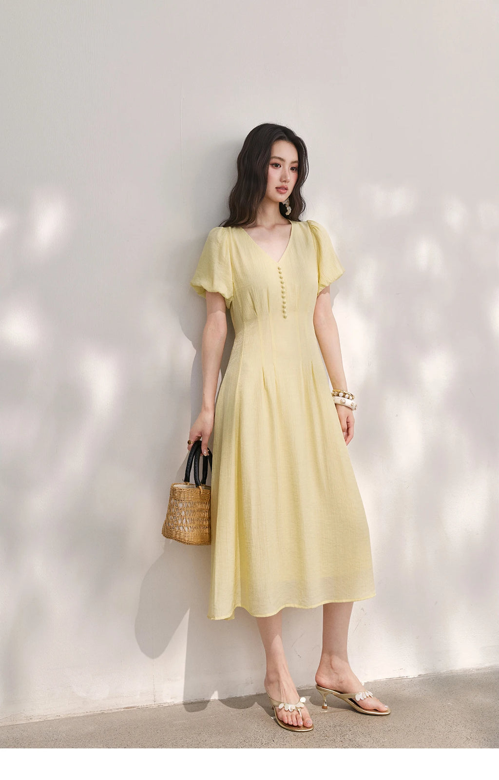 MISHOW Women's French V Neck Puff Sleeve Midi Dress 2026 Summer Button Detail Waist Slim Yellow Elegant Long Dress MXF29L2782