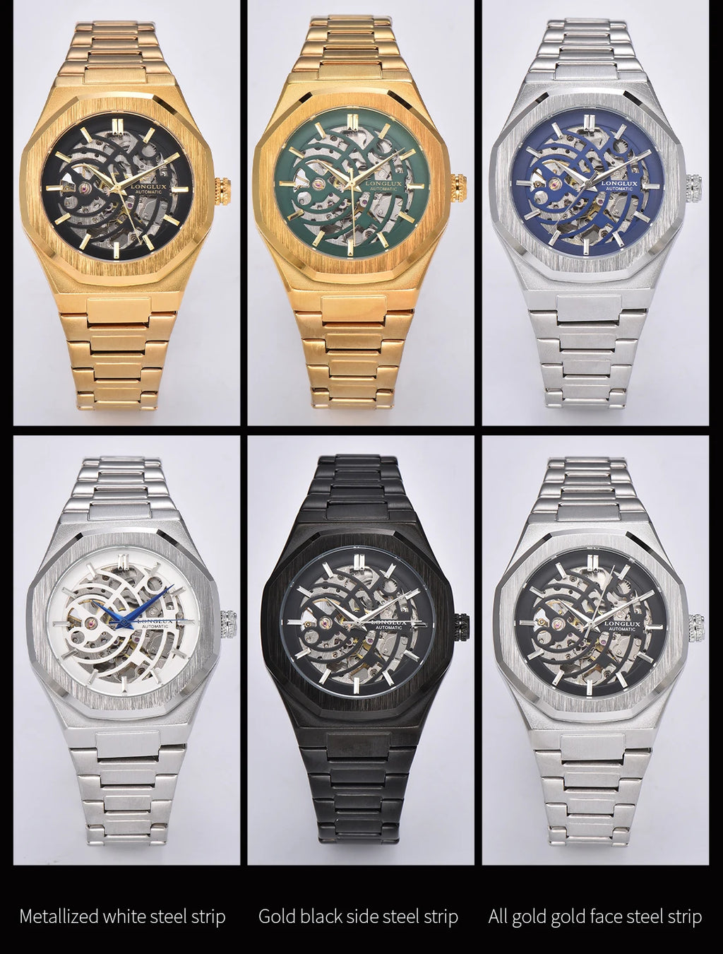 LONGLUX automatic watch business mechanical watches skeleton waterproof luminous stainless steel mens watch office worker gift