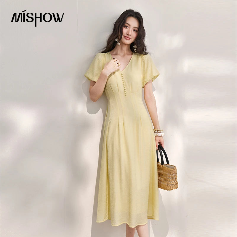 MISHOW Women's French V Neck Puff Sleeve Midi Dress 2026 Summer Button Detail Waist Slim Yellow Elegant Long Dress MXF29L2782