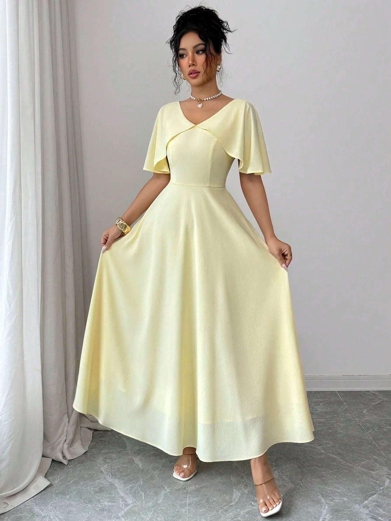 Women's Spring Summer V-Neck Ruffle Sleeve Cinched Waist A-Line Dress Pale Yellow