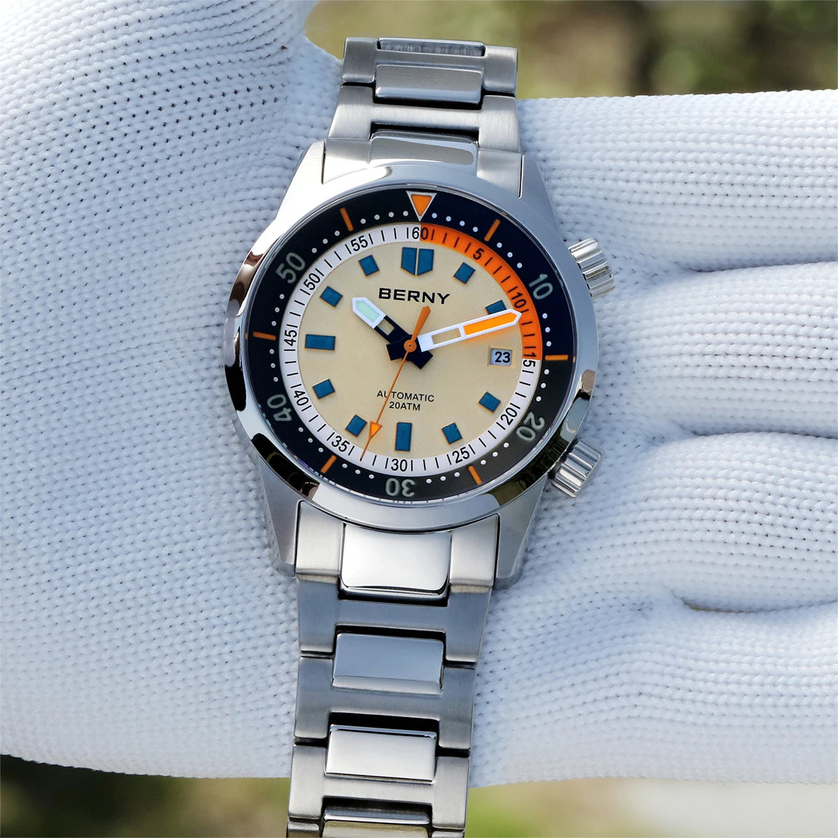 BERNY Automatic Diving Watches for Men 20ATM Super Luminous Mechanical Men's Diver Watch Sapphire Full Stainless Steel Dive