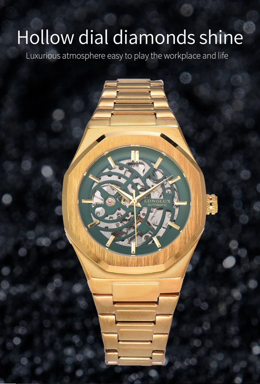 LONGLUX automatic watch business mechanical watches skeleton waterproof luminous stainless steel mens watch office worker gift