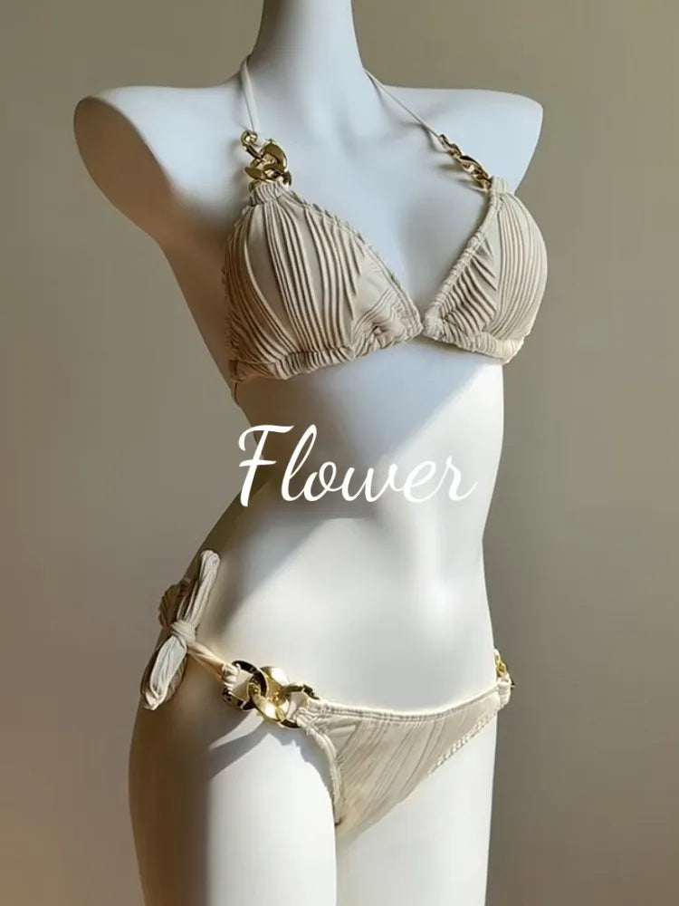 Sexy Bikini Set Beach Vacation Two-Piece Pure Desire Cover-Up Triangular Design with Chest Pad No Steel Support Polyester