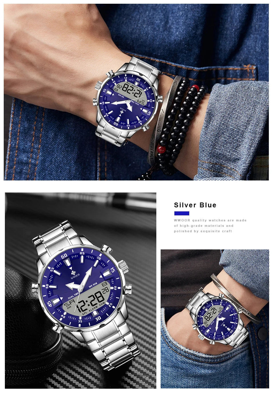 WWOOR Luxury Watches For Men Military Chronograph Digital Quartz Man's Wristwatch Waterproof Stainless Steel Luminous Male Clock