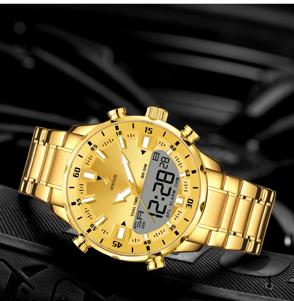 WWOOR Luxury Watches For Men Military Chronograph Digital Quartz Man's Wristwatch Waterproof Stainless Steel Luminous Male Clock