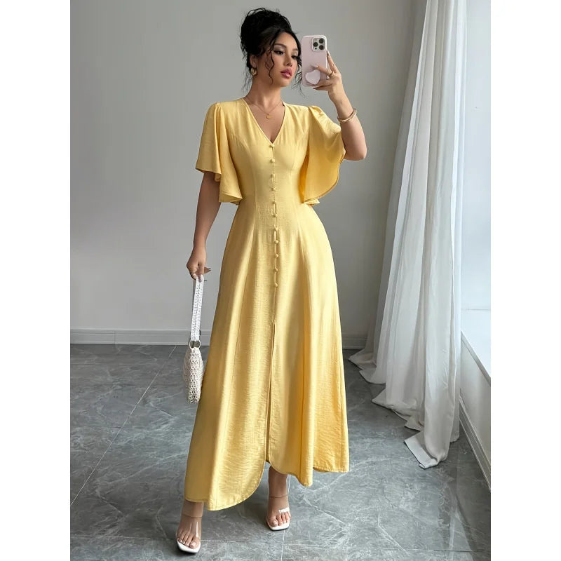 Chic Short Sleeved V Neck Yellow Split Dress Women Casual Single Breasted Buckle Slim Midi Dresses Summer Lady Highstreet Robes
