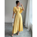 Chic Short Sleeved V Neck Yellow Split Dress Women Casual Single Breasted Buckle Slim Midi Dresses Summer Lady Highstreet Robes