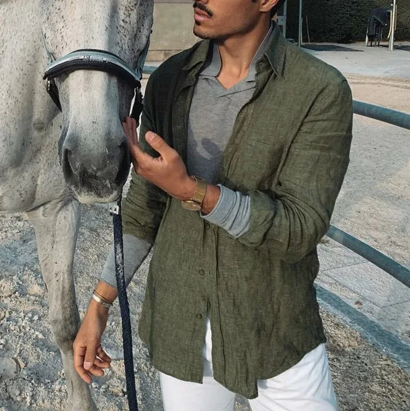 Men's new men's long sleeve buttoned cotton linen shirt lapel cardigan