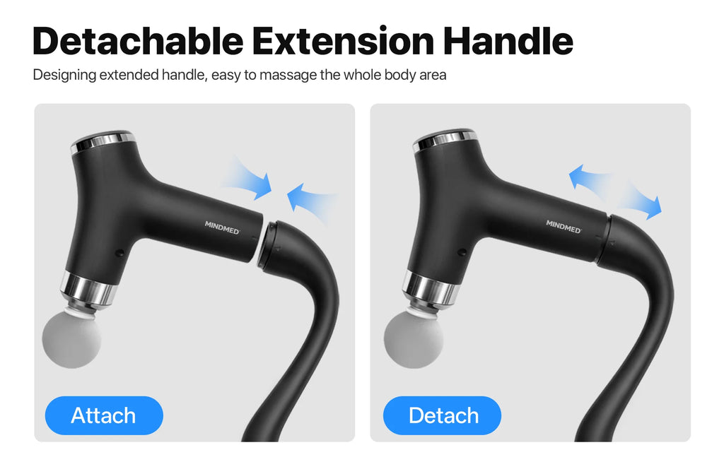 MINDMED Long Handle Detachable Massage Gun Deep Tissue Muscle Gun for Back Neck Shoulder Body Recovery with 12 Speed & 4 Heads