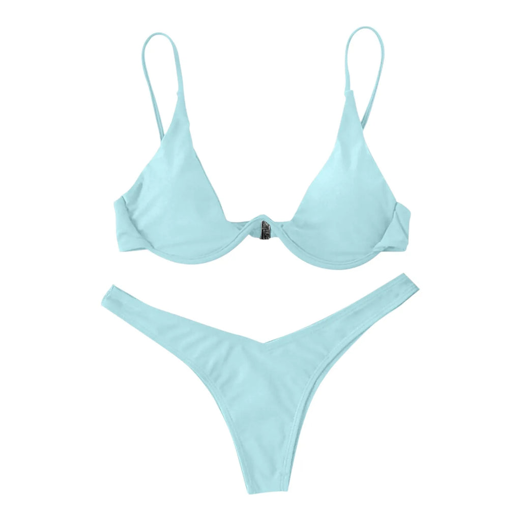 Personality Women'S Sexy Split Style Solid Color Bikini Swimsuit Bow Tie Swimsuit 2 Piece Set Soft Comfortable Swimwear Set