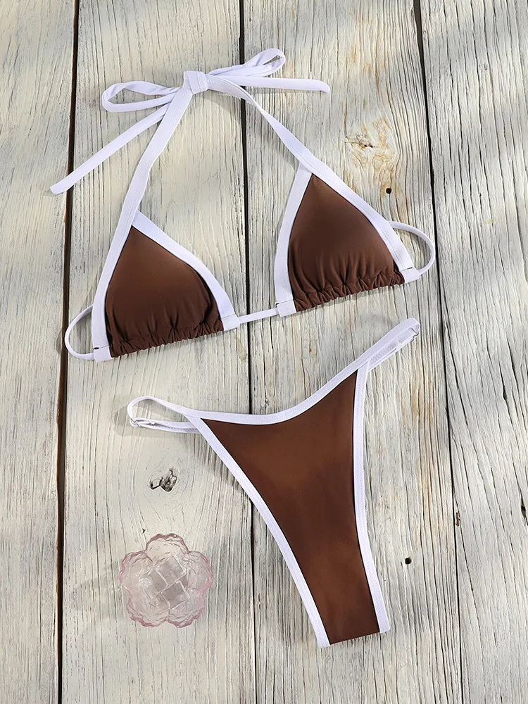 Bordered Bikinis Set Triangle Women's Swimwear 2026 Sexy Swimsuit Blue Bathing Suit Micro Biquini Brazilian Thongs Beach Wear
