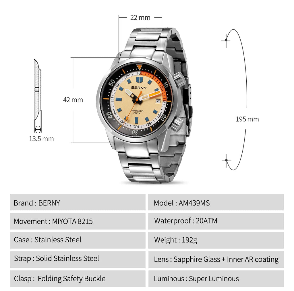BERNY Automatic Diving Watches for Men 20ATM Super Luminous Mechanical Men's Diver Watch Sapphire Full Stainless Steel Dive