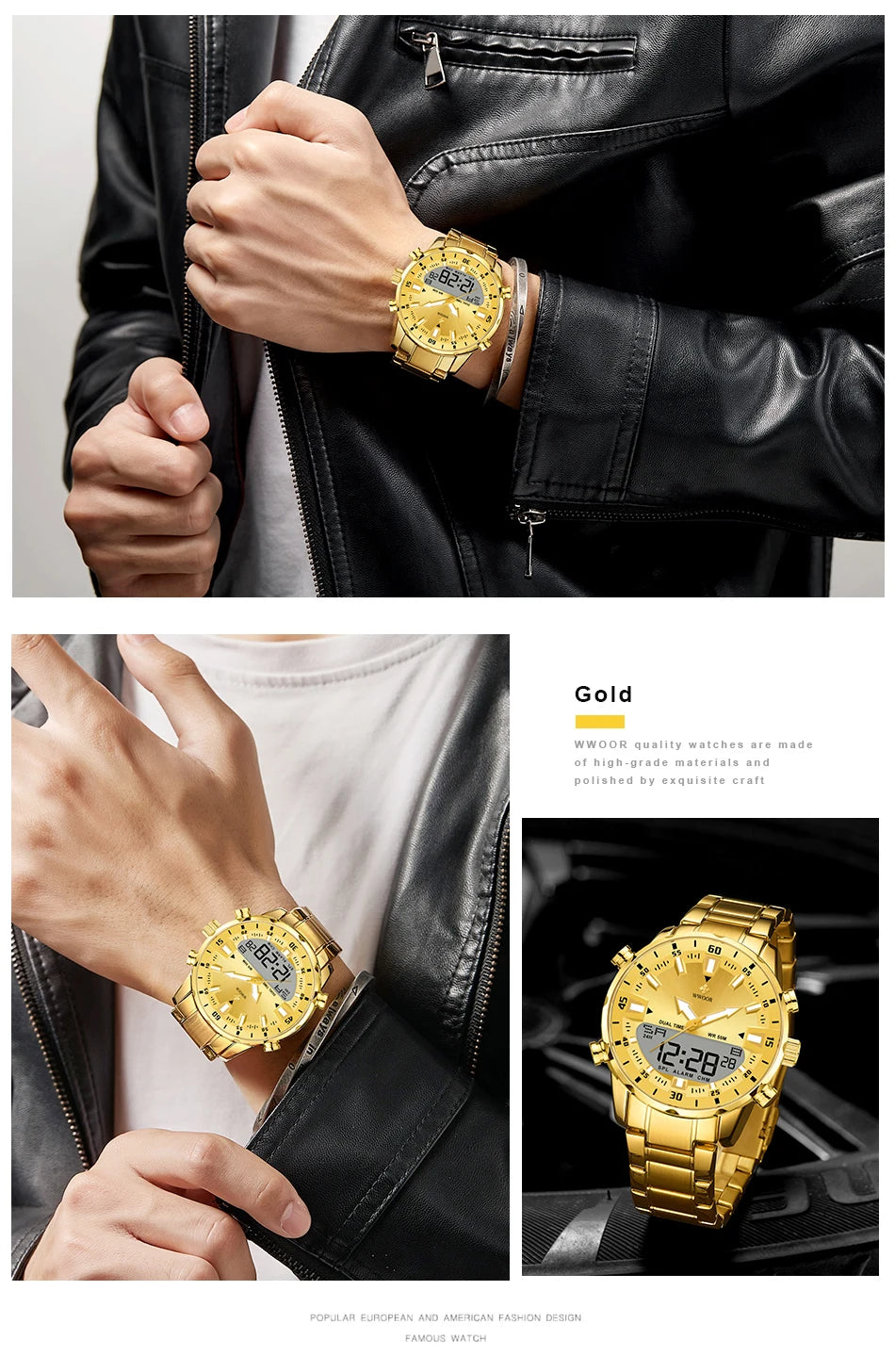 WWOOR Luxury Watches For Men Military Chronograph Digital Quartz Man's Wristwatch Waterproof Stainless Steel Luminous Male Clock