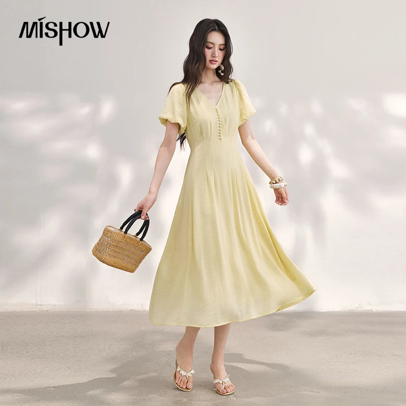MISHOW Women's French V Neck Puff Sleeve Midi Dress 2026 Summer Button Detail Waist Slim Yellow Elegant Long Dress MXF29L2782