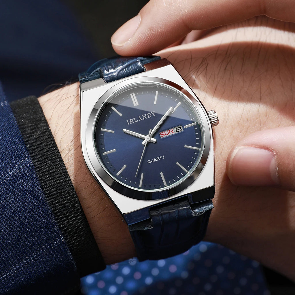 Fashion Men Business Watches Calendar Quartz Watch Casual Leather Strap Wristwatches Reloj Hombre（Without Box）