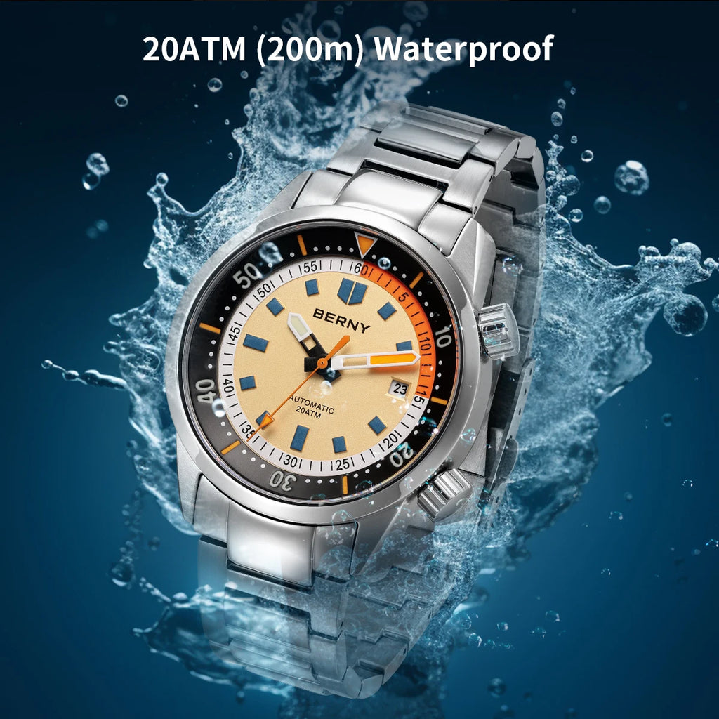 BERNY Automatic Diving Watches for Men 20ATM Super Luminous Mechanical Men's Diver Watch Sapphire Full Stainless Steel Dive
