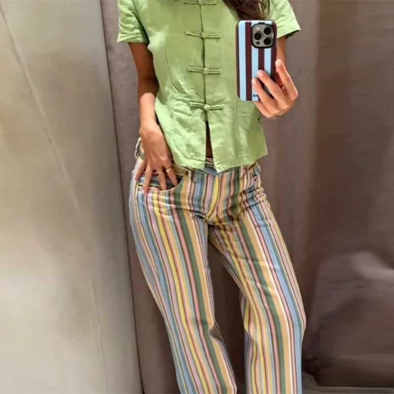 Colorful Striped Jeans for Women Low Waist Straight Leg Trousers High Street Casual Long Denim Pant 2026 NEW Daily Lady Jeans