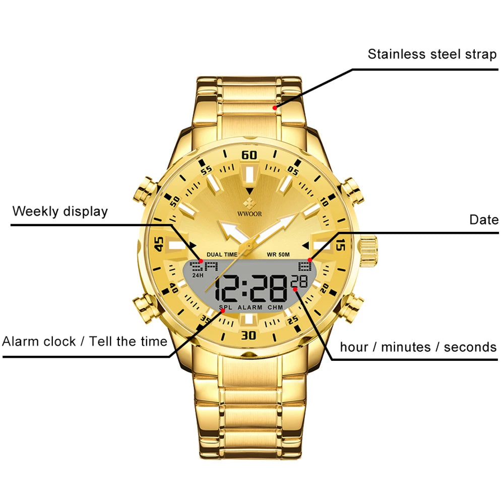WWOOR Luxury Watches For Men Military Chronograph Digital Quartz Man's Wristwatch Waterproof Stainless Steel Luminous Male Clock