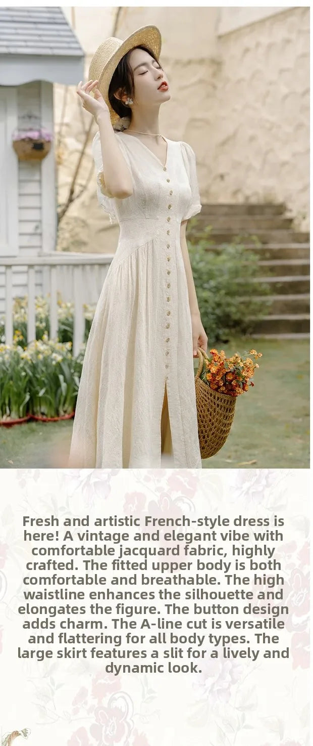 Summer 2026 New Gentle Style Yellow Cotton Blend Bubble Sleeve Dress High Waist A-Line Skirt V-Neck Single Button Closure Dress