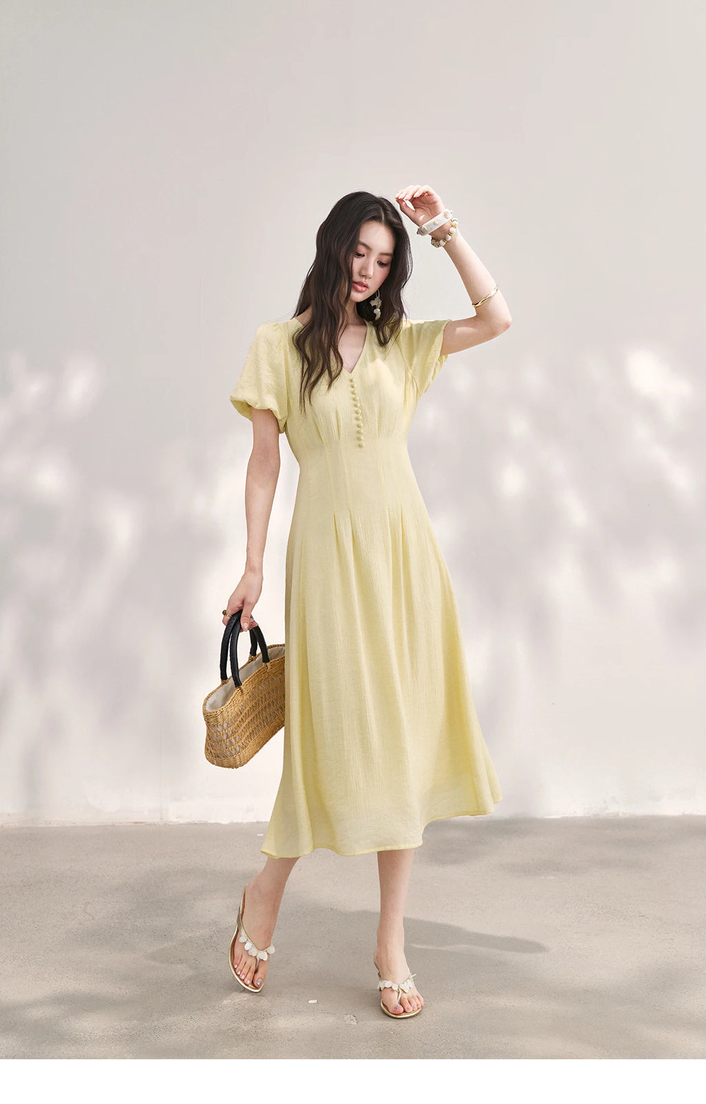 MISHOW Women's French V Neck Puff Sleeve Midi Dress 2026 Summer Button Detail Waist Slim Yellow Elegant Long Dress MXF29L2782