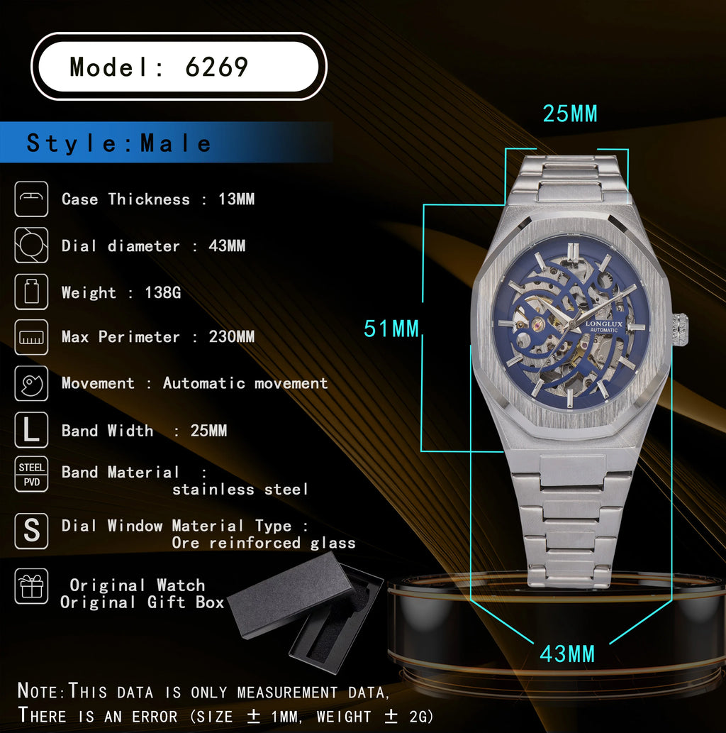LONGLUX automatic watch business mechanical watches skeleton waterproof luminous stainless steel mens watch office worker gift