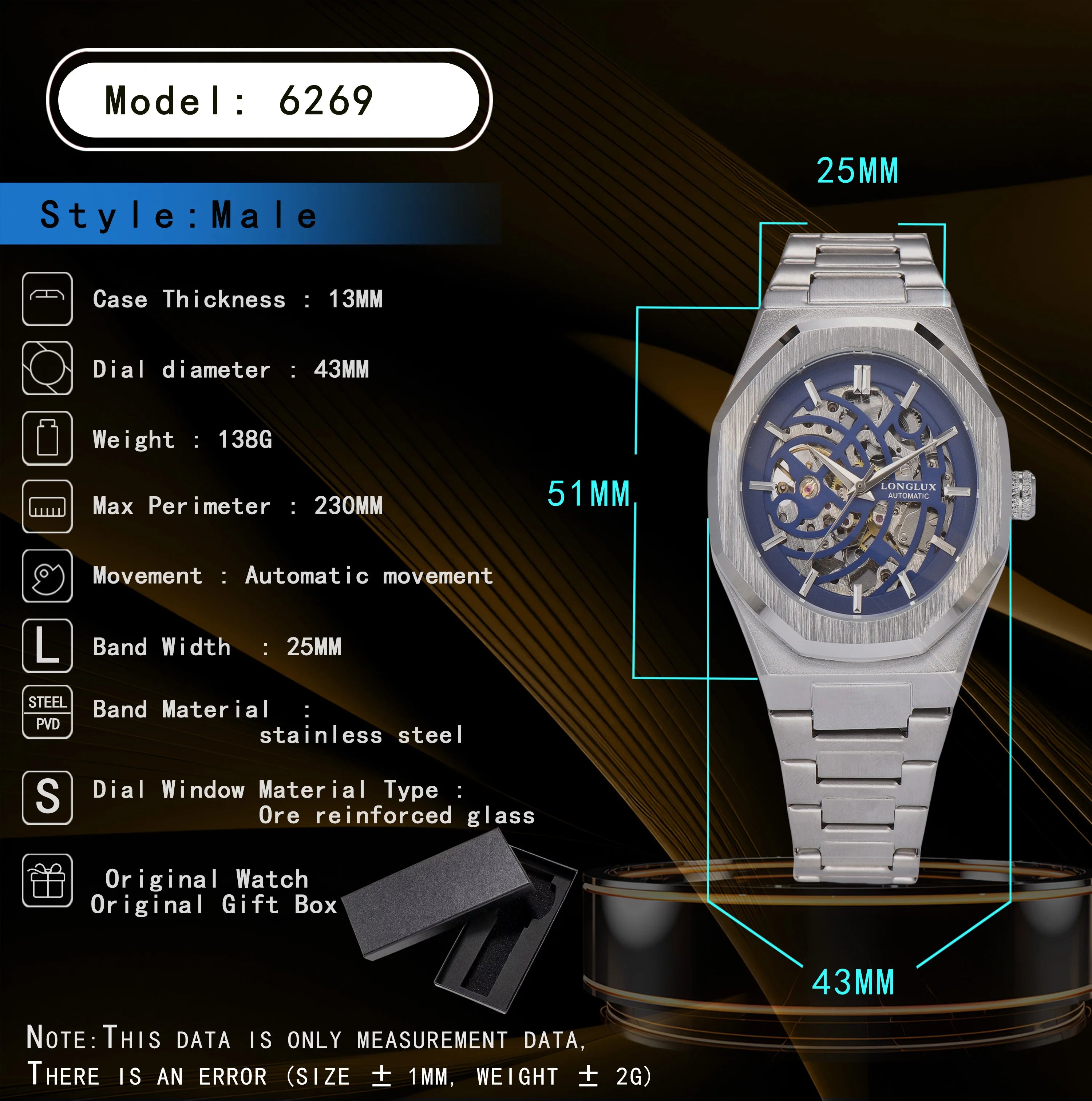 LONGLUX automatic watch business mechanical watches skeleton waterproof luminous stainless steel mens watch office worker gift