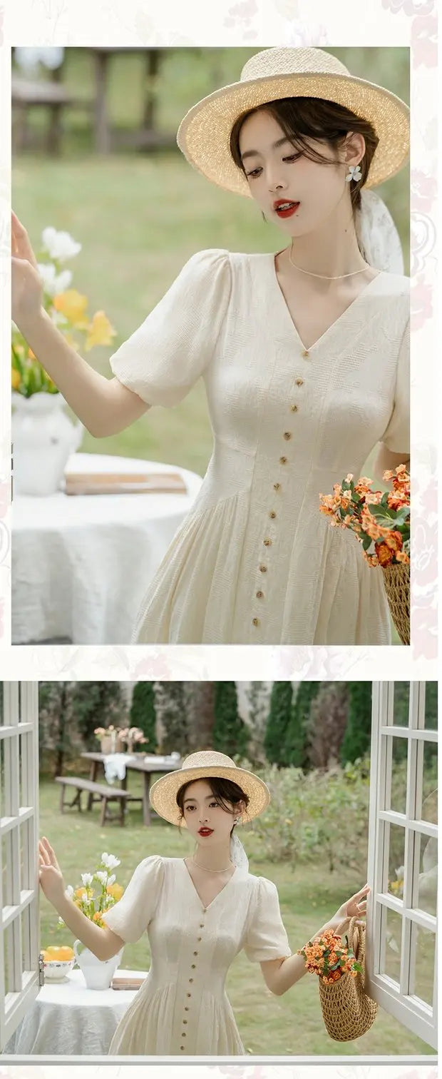 Summer 2026 New Gentle Style Yellow Cotton Blend Bubble Sleeve Dress High Waist A-Line Skirt V-Neck Single Button Closure Dress
