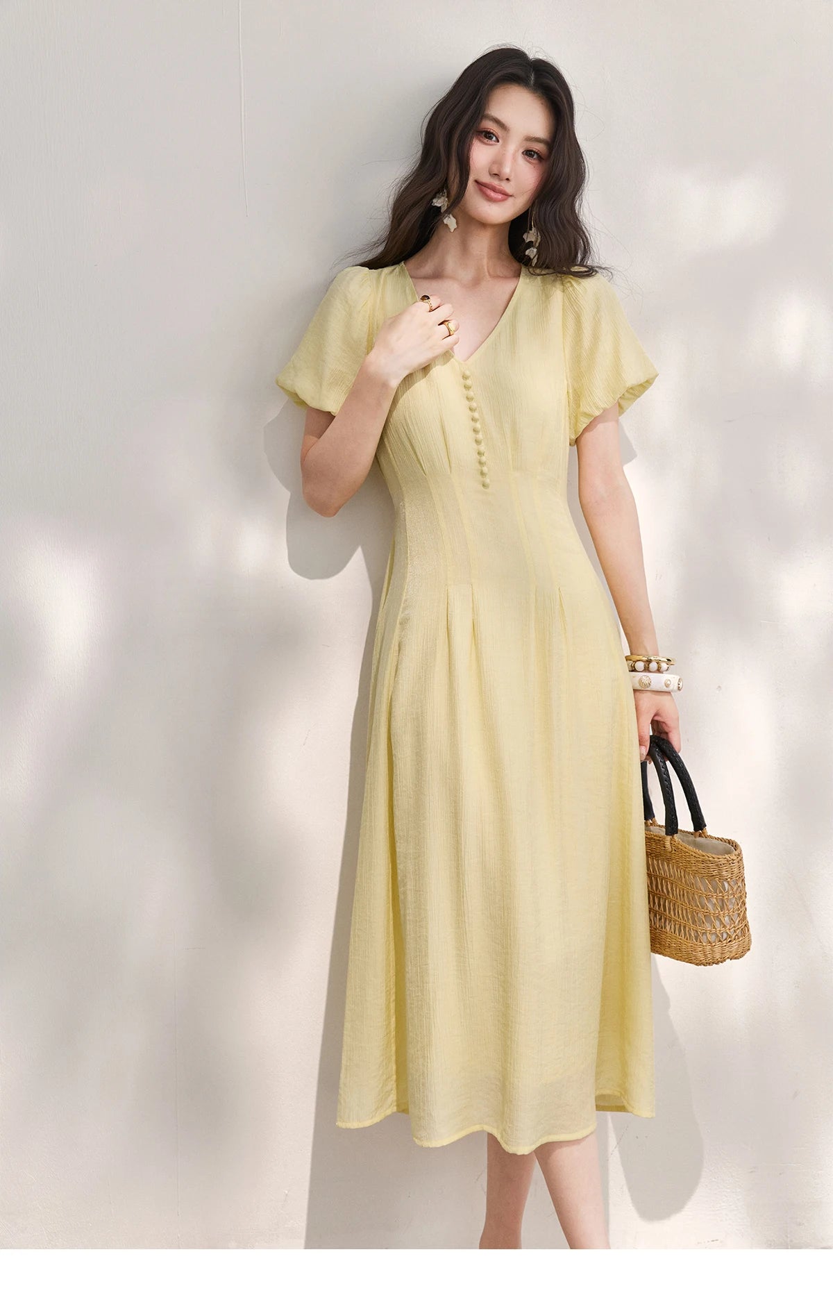 MISHOW Women's French V Neck Puff Sleeve Midi Dress 2026 Summer Button Detail Waist Slim Yellow Elegant Long Dress MXF29L2782