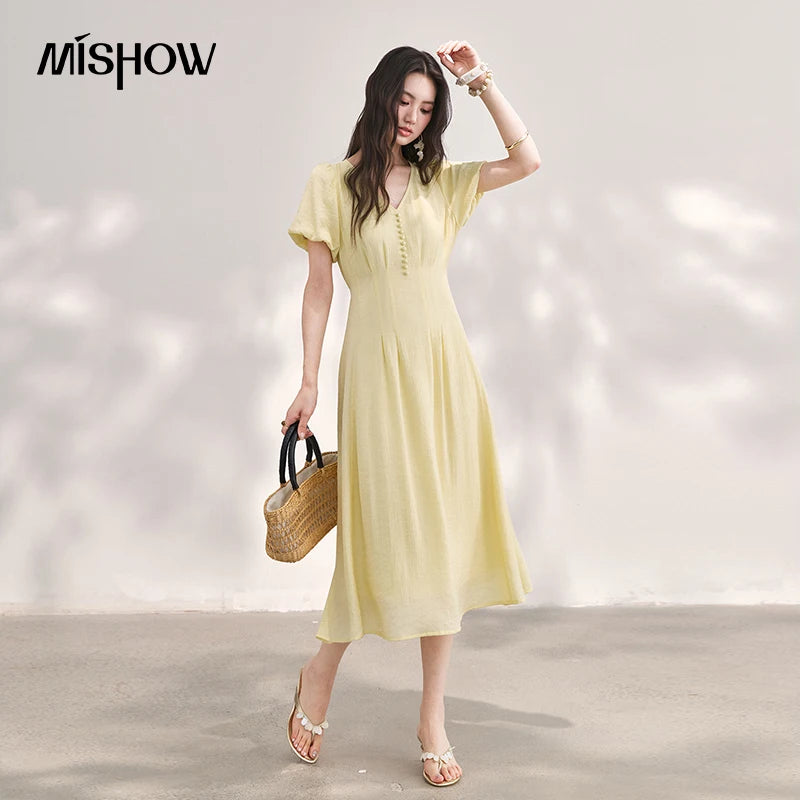 MISHOW Women's French V Neck Puff Sleeve Midi Dress 2026 Summer Button Detail Waist Slim Yellow Elegant Long Dress MXF29L2782