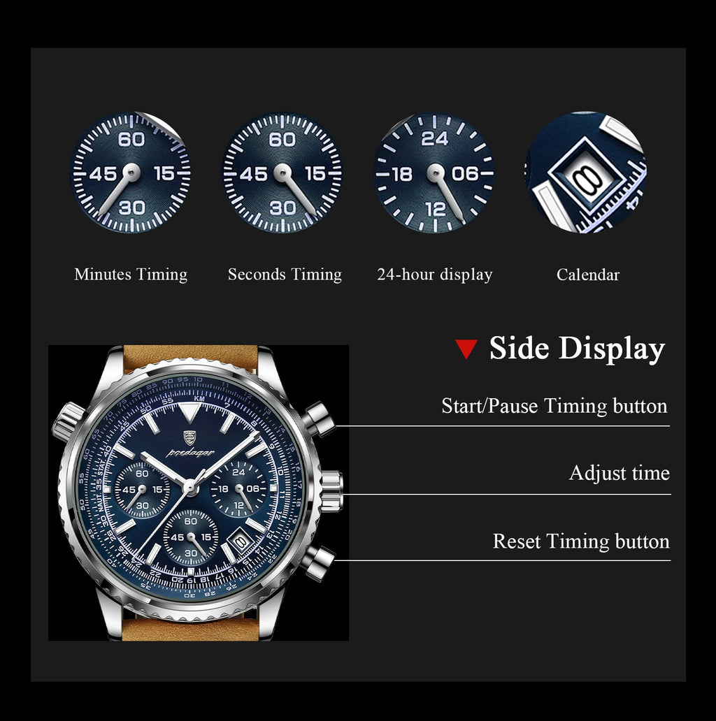 POEDAGAR Original Men's Clock Chronograph Date Waterproof Luminous Luxury Male Wristwatch Fashion Leather Quartz Watches For Man