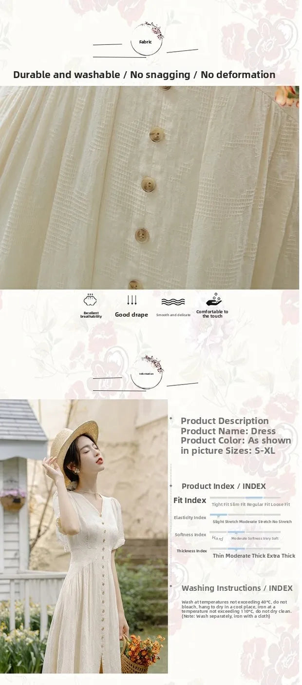 Summer 2026 New Gentle Style Yellow Cotton Blend Bubble Sleeve Dress High Waist A-Line Skirt V-Neck Single Button Closure Dress