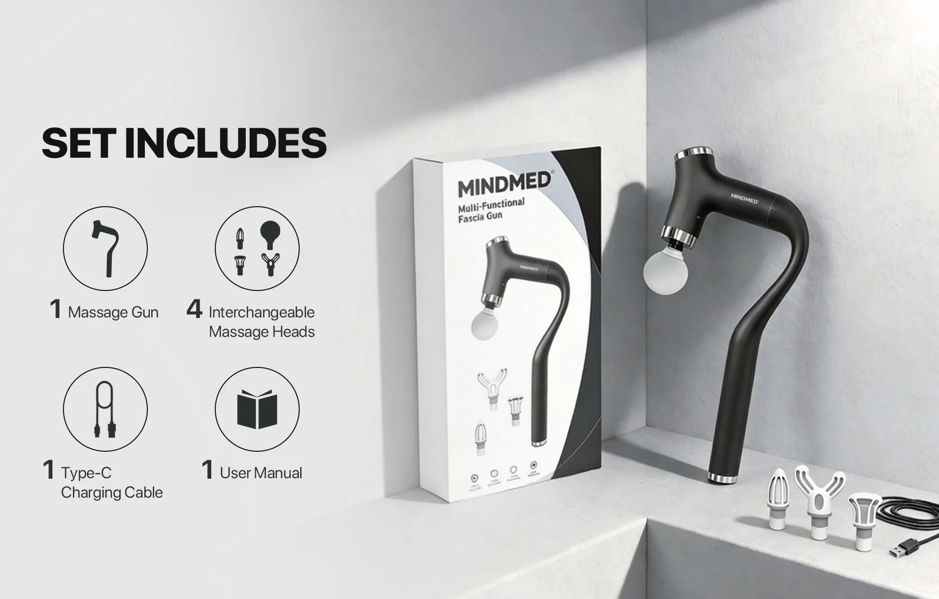 MINDMED Long Handle Detachable Massage Gun Deep Tissue Muscle Gun for Back Neck Shoulder Body Recovery with 12 Speed & 4 Heads