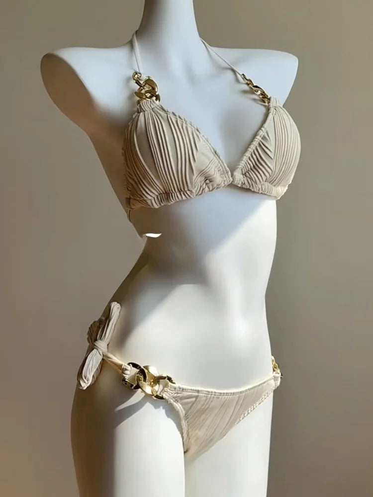 Sexy Bikini Set Beach Vacation Two-Piece Pure Desire Cover-Up Triangular Design with Chest Pad No Steel Support Polyester