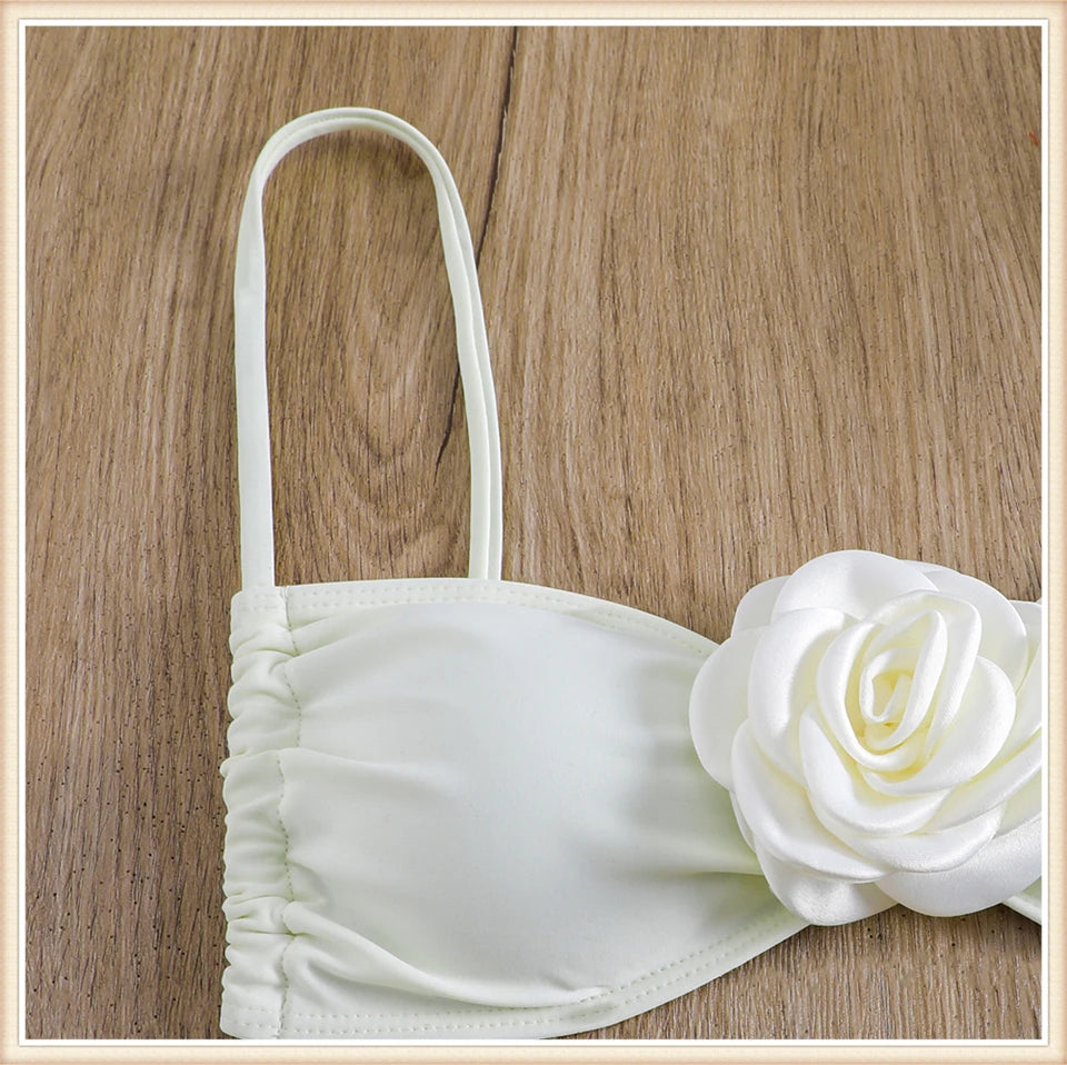 Bandeau Bikini Front 3D Flower Flower Decoration Swimwear Women High Waist Solid Swimsuit Elegant Beachwear Bathing Suit Summer