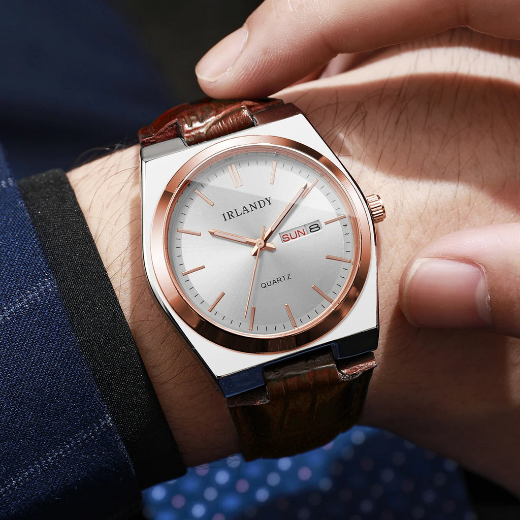 Fashion Men Business Watches Calendar Quartz Watch Casual Leather Strap Wristwatches Reloj Hombre（Without Box）
