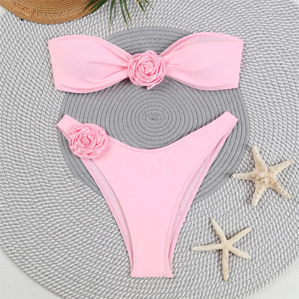 Bandeau Bikini Front 3D Flower Flower Decoration Swimwear Women High Waist Solid Swimsuit Elegant Beachwear Bathing Suit Summer