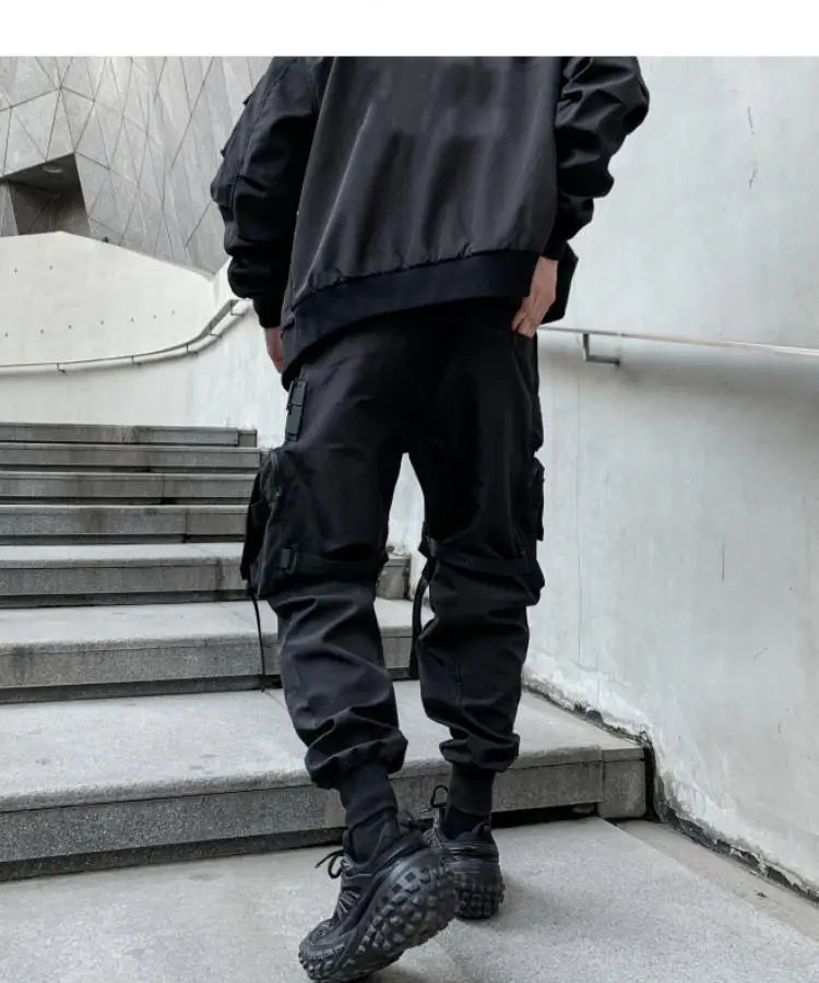 Multi-pockets Ribbons Bandage Tactical Techwear Cargo Pants Mens Harajuku Punk Hip Hop Joggers Pantalons Casual Streetwear