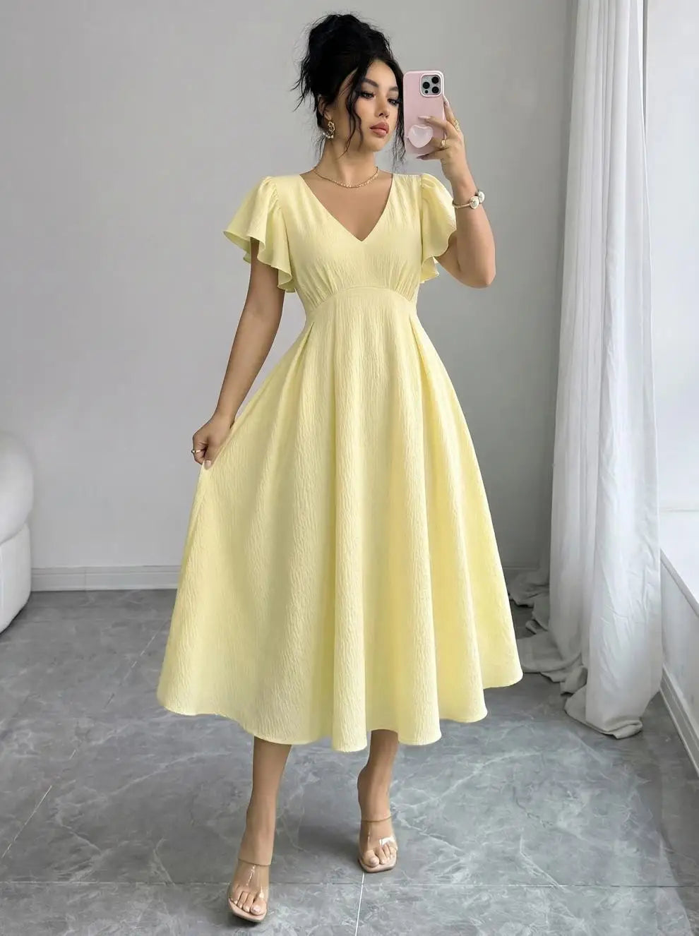 Women's New Summer French Elegant Casual Solid Color Ruffle V-neck A-line Long Dress Dresses For Women Clothing Lace Bandage