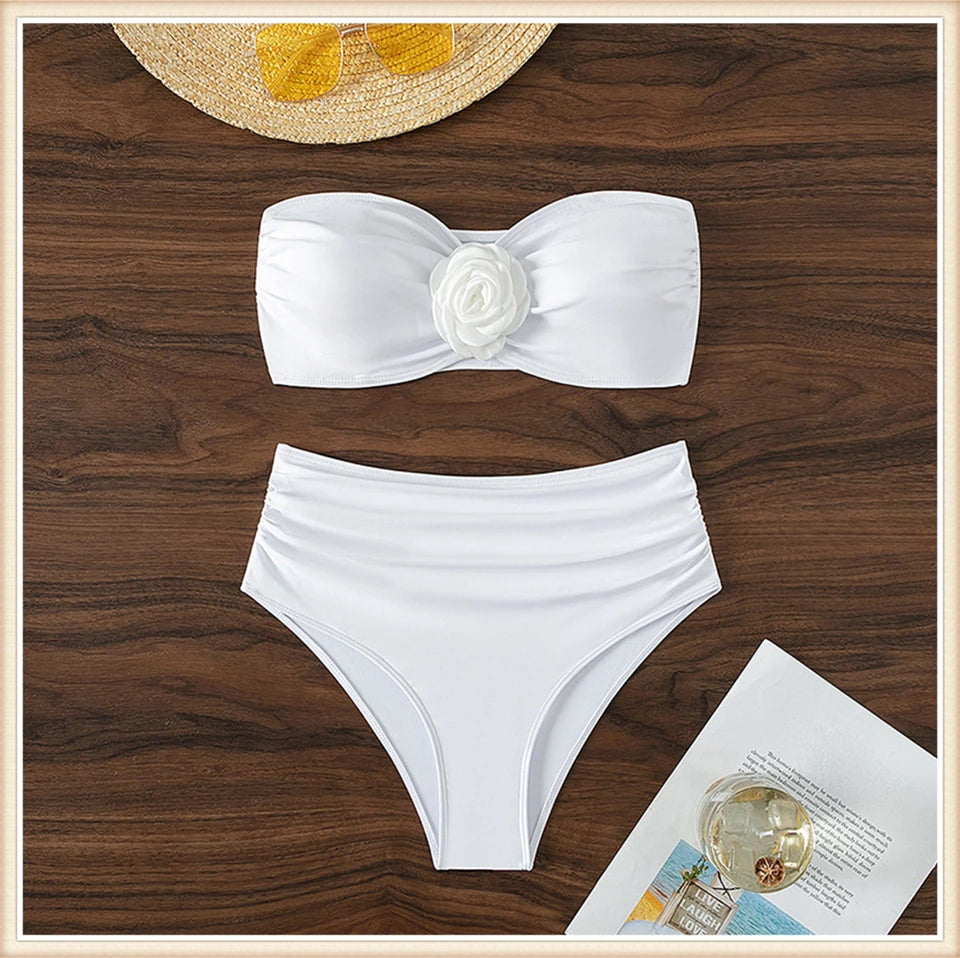 Bandeau Bikini Front 3D Flower Flower Decoration Swimwear Women High Waist Solid Swimsuit Elegant Beachwear Bathing Suit Summer