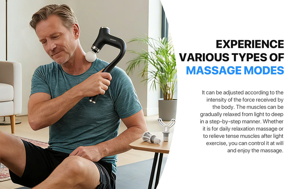 MINDMED Long Handle Detachable Massage Gun Deep Tissue Muscle Gun for Back Neck Shoulder Body Recovery with 12 Speed & 4 Heads