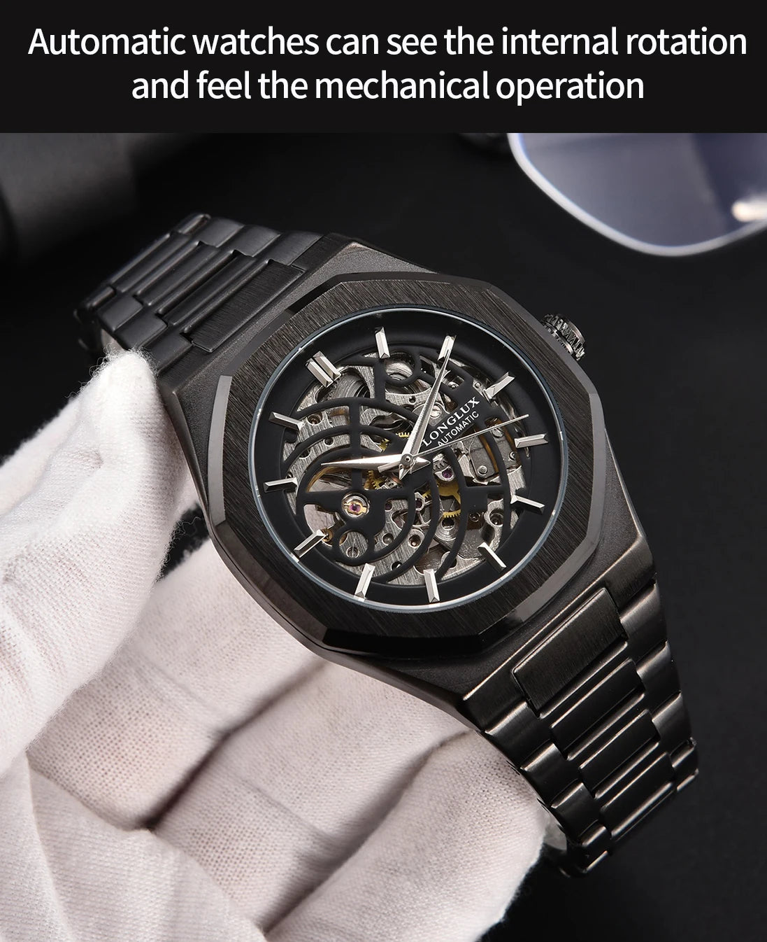 LONGLUX automatic watch business mechanical watches skeleton waterproof luminous stainless steel mens watch office worker gift