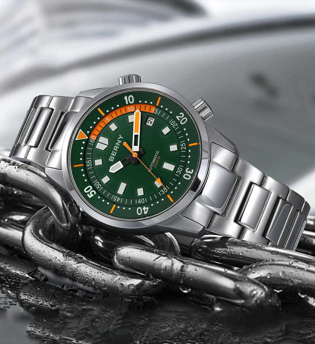 BERNY Automatic Diving Watches for Men 20ATM Super Luminous Mechanical Men's Diver Watch Sapphire Full Stainless Steel Dive